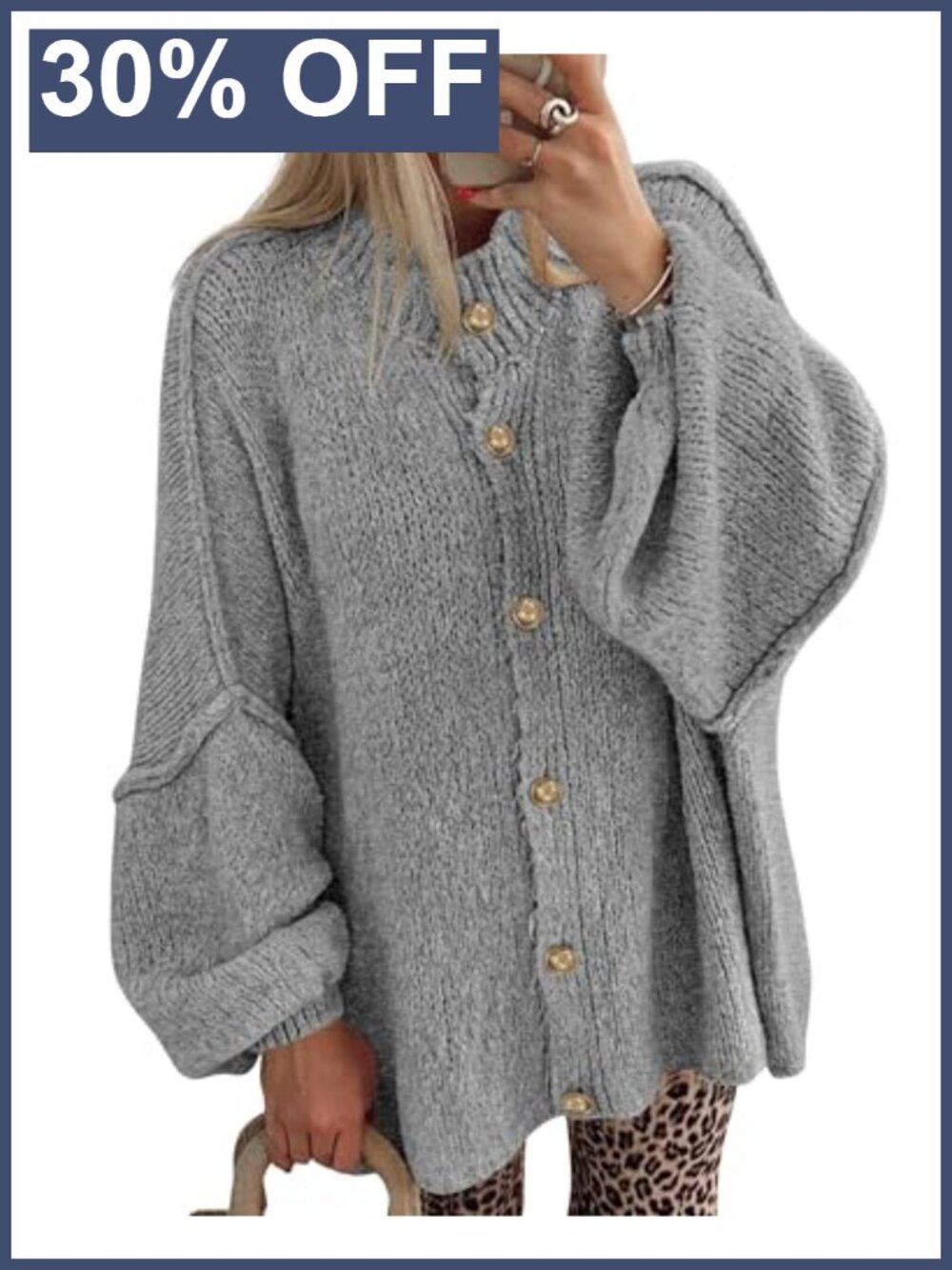 Oversized Button Down Cardigan Sweater Lantern Sleeve Crew Neck Fall Layering